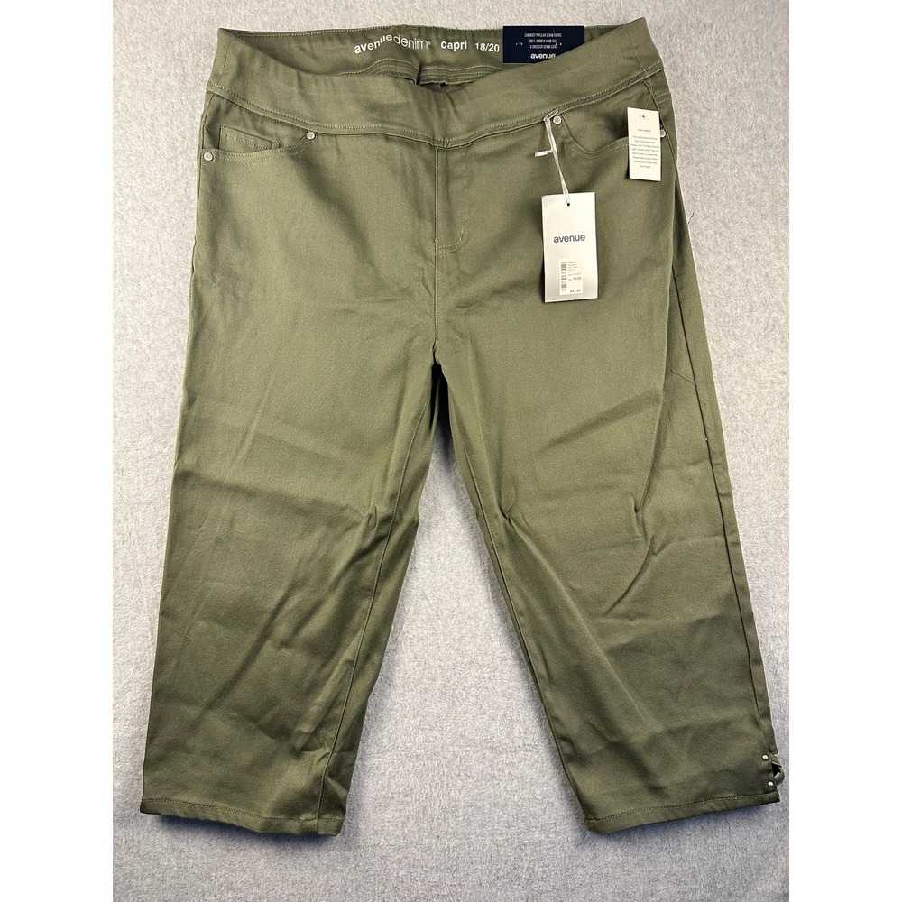 Avenue Butter Denim Capri Pants Olive Green Pull On Lace Up Hem Womens 18/20 NWT